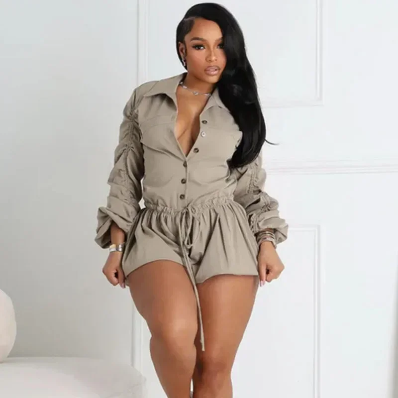 Solid Casual Playsuit Woman Jumpsuit Shorts Long Sleeve Single Breasted Turn-down Collar Drawstring Waist One Pieces Romper