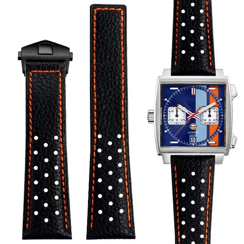 Tali Jam Tangan Kulit Asli untuk TAG Heuer MONACO CARRERA CAW211R/P Gelang Jam Tali Kulit Sapi Cetak Leci Gelang Pria 22Mm