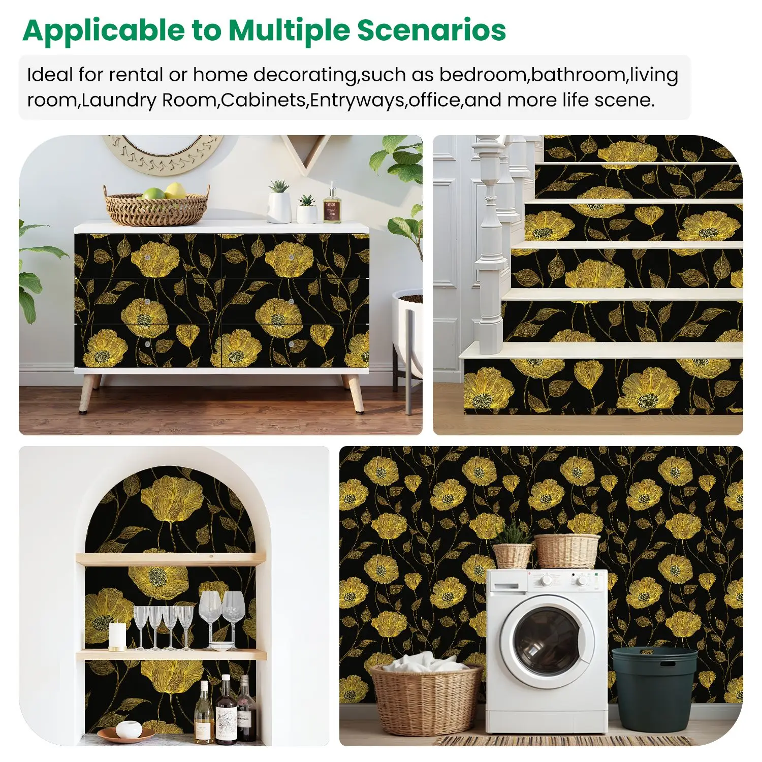 Geel Bloemen Lijntekeningen Zwart Behang 22.83 "X 118" Waterdicht Behang voor Woonkamer/Slaapkamer/Badkamer PVC Muursticker