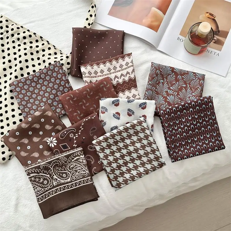 Fashion Square Silk Scarf 55x55cm Double Color Houndstooth Print Women's Neck Scarf Headwrap Cotton Linen Shawl for All Seasons