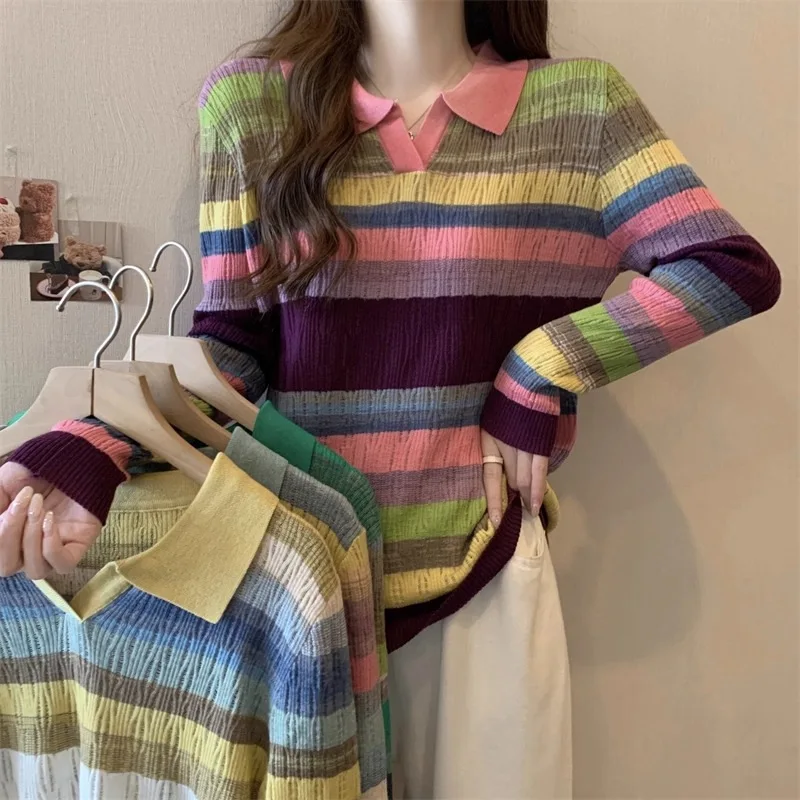 Women Sweater Pullover New Fashion POLO Neck Rainbow Splicing Color Striped Long Sleeve Knitted Sweater T-Shirt Female Tops