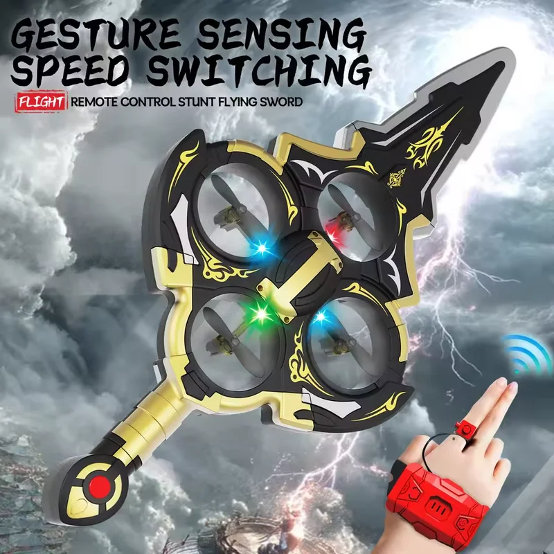 RC Flying Sword Toy Stunt Gesture Remote Control Drone with Dual Control LED Light Hovering Flying Toy for Kids