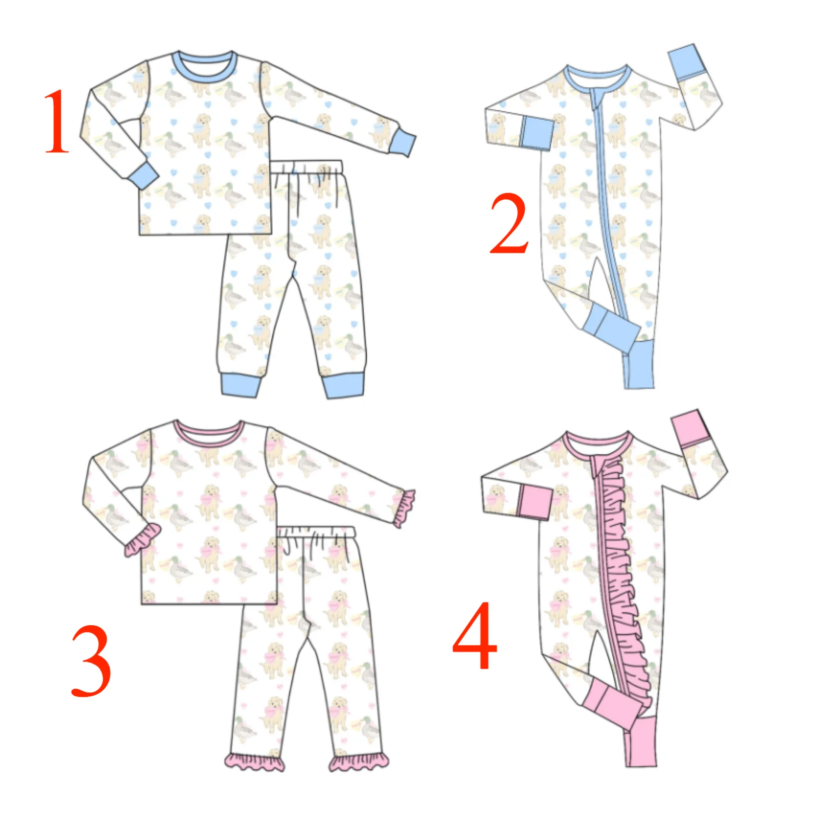 Valentine's Day new puppy and duck heart print boy blue girl pink cuff long sleeve pants boutique set and Romper