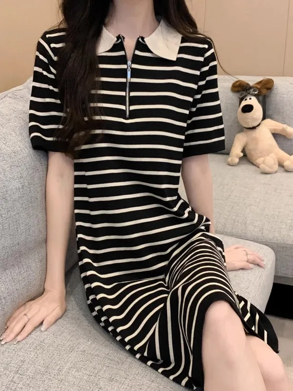 เสื้อไหมพรมลายทางแฟชั่น Dr Summer 2025 รุ่น Sve ความยาวปานกลาง สไตล์อเนกประสงค์ เหมาะสำหรับใส่ไปทำงาน ทรงหลวม คอปกเดี่ยว P...