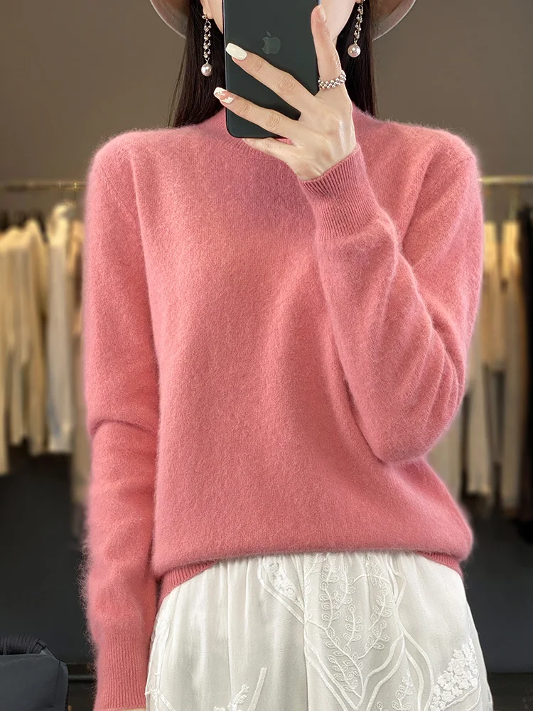 100% Mink Cashmere Women\'s Sweater Half High Neck Pullover Autumn Winter Long Sleeve Knitwear Feamle Clothing Bottom Shirt Tops