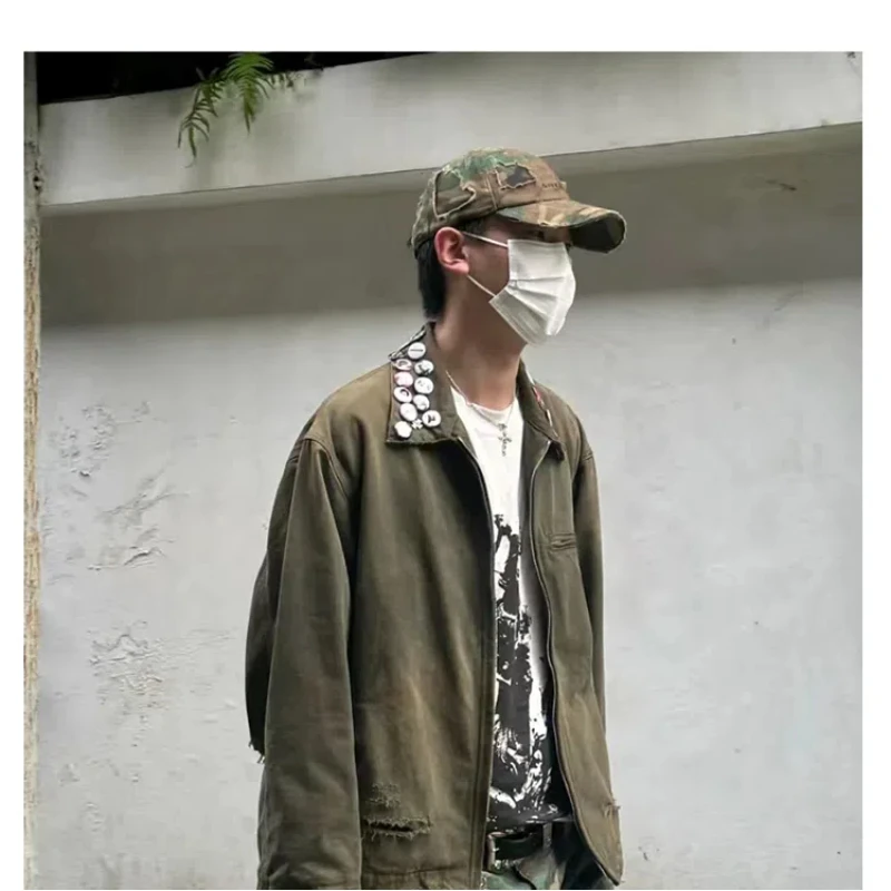 High Street ERD Distressed Frayed Short Coat High Quality Military Cargo Jackets Turn-down Collar Jacket Coats