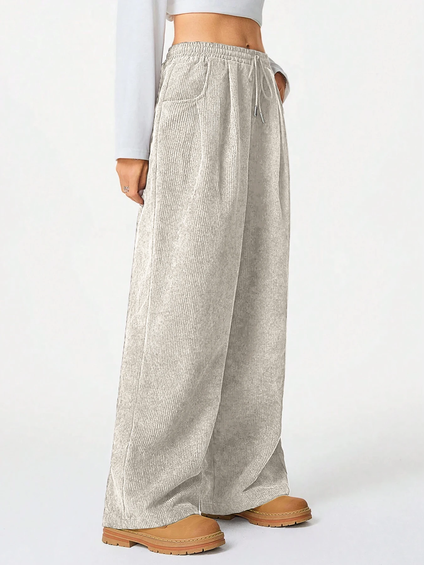 Damen Retro Cord Cargo-Hose Lässige Kordelzug Gerade Sporthose Fließende Alltags-Pendlerhose mit Weitem Bein – Detail 35