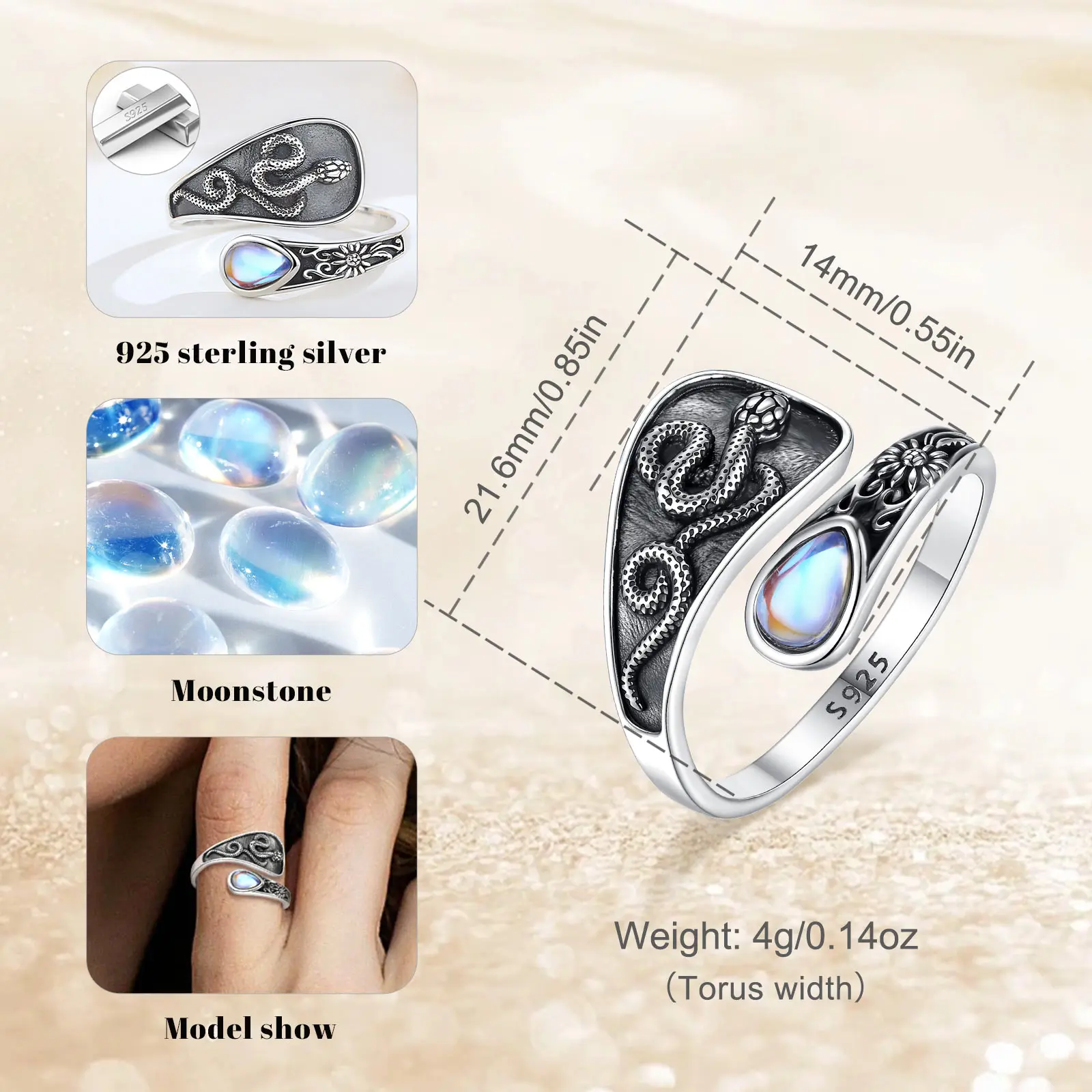 Eudora 925 Sterling Silver Snake Adjustable Ring Moonstone Sunflower Open Ring Pagan Witch Jewelry spiritual Gift for Men Women