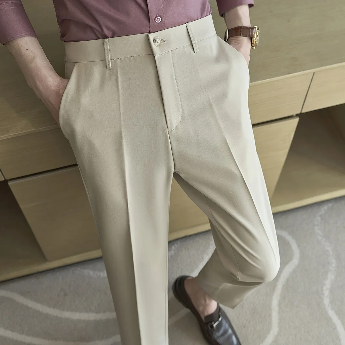 

Spring Summer Business Casual Men's Suit Pants Solid Color Slim Fit Ankle Length Pants Social Wedding Groom Formal Trousers Men