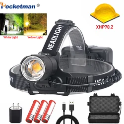 XHP70.2 Use 3*18650 batteries Led Headlamp XHP70 Most Powerful Yellow or White Led Headlight Fishing Camping ZOOM Torch