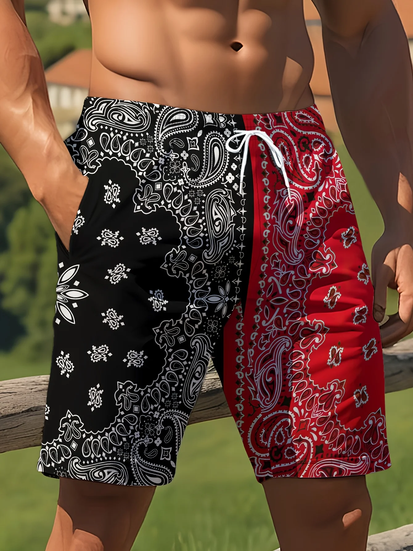 

The 2025 summer new men's shorts with cashew print pattern are casual and fashionable drawstring shorts