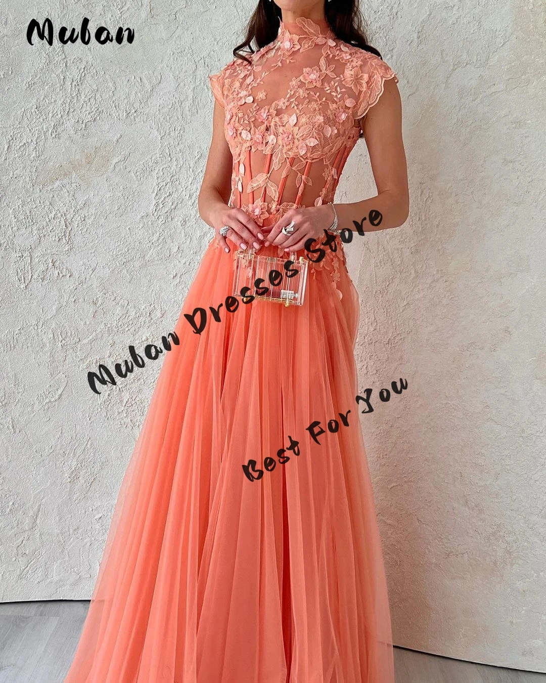 تخصيص الرقبة العالية يزين زهرة تول فساتين لحضور الحفلات الموسيقية بلا أكمام ألف خط ثوب حفلة طول الأرض ثوب مسائي رسمي 2025 #3