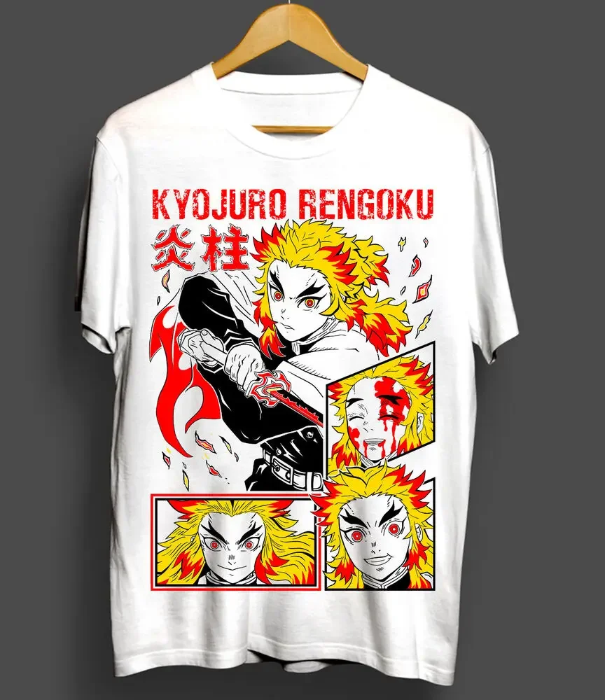 Kyojuro Rengoku T-Shirt Slayer Demon Anime Short-Sleeve White T-Shirt All Size