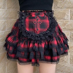 Ruibbit-Saia Curta Xadrez de Renda para Meninas, Harajuku Gótico Japonês, Menina Quente, Punk, Preto, Vermelho, Xadrez, Bolo, Cruz Y2k, Nova Chegada