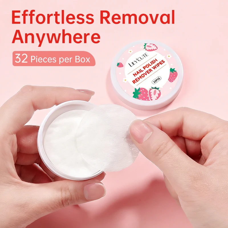 LILYCUTE 32Pcs Lint-Free Box Strawberry Nail Polish Remover Wipes Soft Absorbable Pads for Easy Manicure & Pedicure Bueaty Care