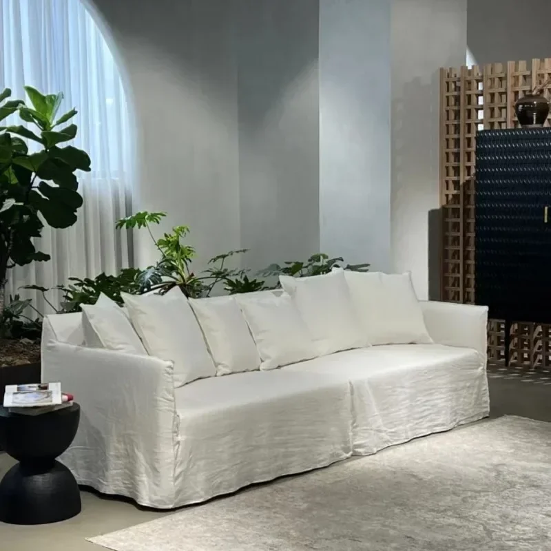Nordic wabi-sabi style fully dismantled and washed straight row washed hemp fabric three-person French cream style bed and