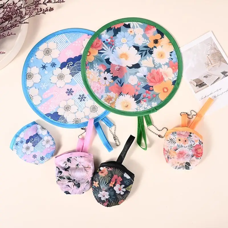 New 1Pcs Mini Japanese Style Folding Fan Flower Pattern With Pocket Collapsible Fan Round Handheld Fan Outdoor Activities