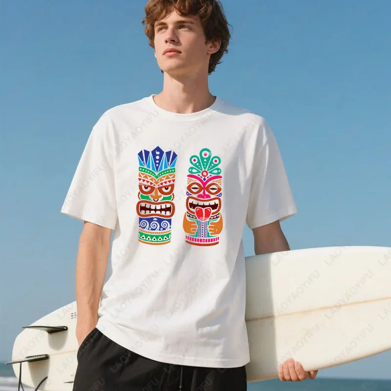 

Tiki Hawaiian Vintage Polynesian Mask Totem Graphic Tshirt Surfing Enthusiast Short-sleeve Tee Summer Vacation Couple T-shirt