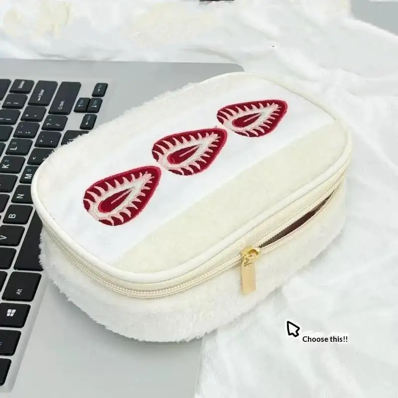 New Cute Embroidered Strawberry Pencil Case Portable Stationery Pen Box Multi Functional Large Capacity Makeup Bag Storage Bag