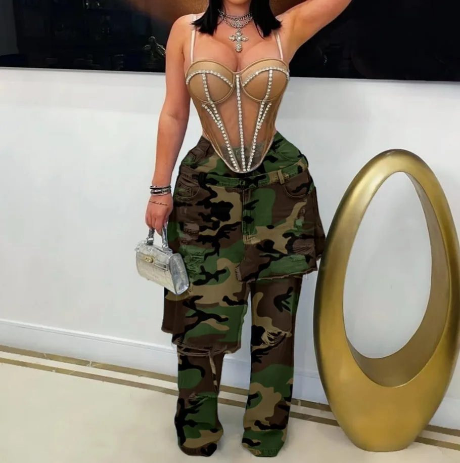 Camouflage Jeans for Women Distressed Patchwork Straight-Leg Denim Trousers High Street Casual Pockets Asymmetric Jeans
