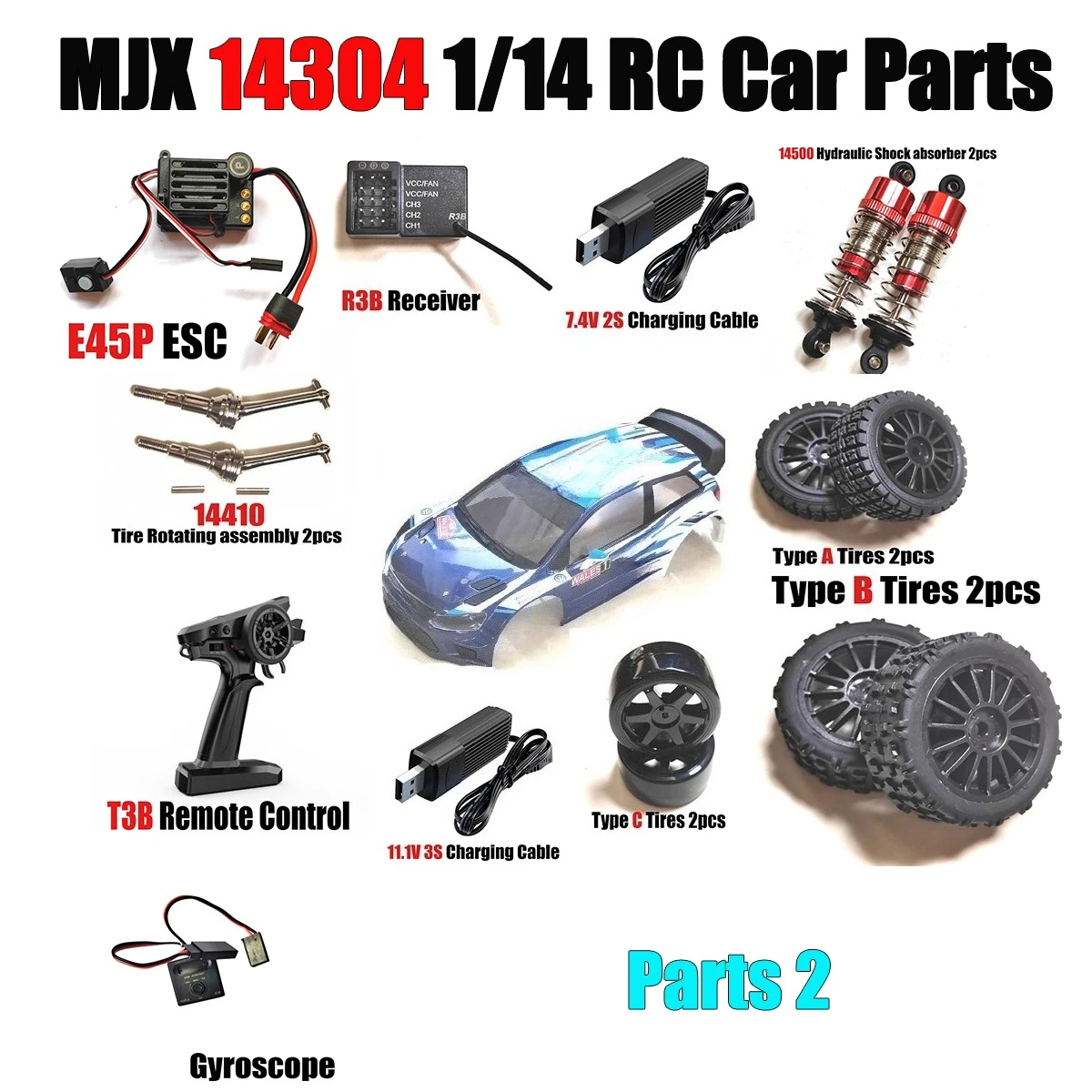 

Запчасти для радиоуправляемой машины MJX 14304 1/14: Приемник, пульт ДУ, шины, ESC, амортизаторы, мотор, гироскоп, зарядный кабель, детали 2