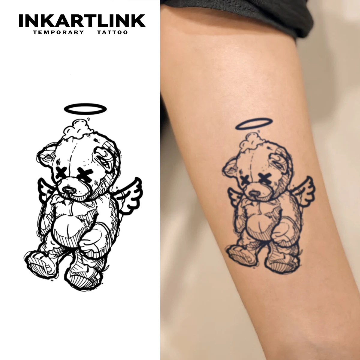 

INKARLINK Rebellious Angel Bear Tattoo Patch 1-2 недели долговечные мультяшные крылья Halo водостойкая временная татуировка