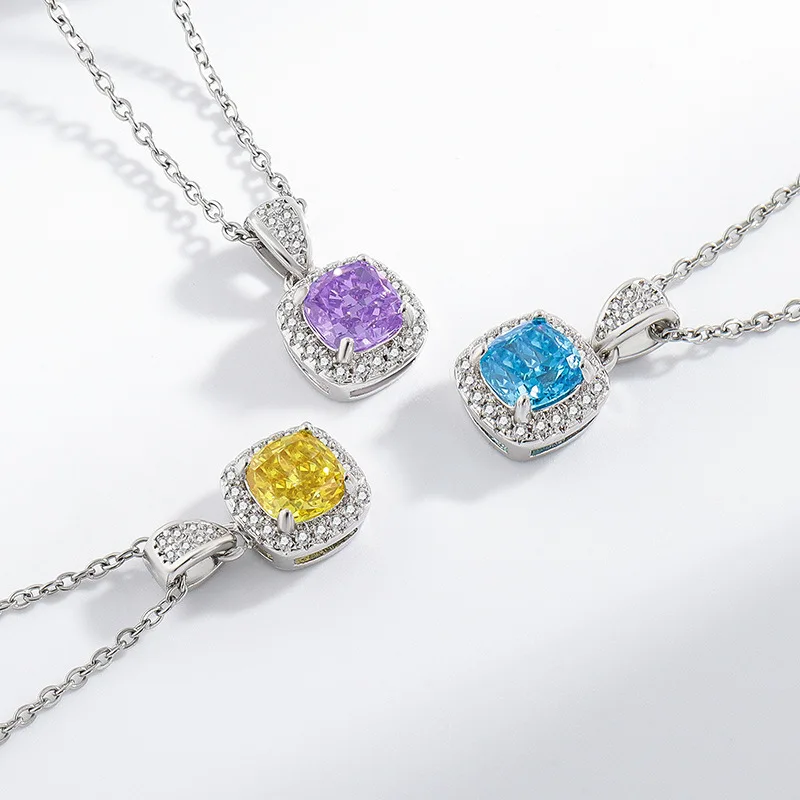 925 فضة بسيط قطع زهرة الجليد كريستال الزركون الأميرة حقيبة مربعة قلادة عيد ميلاد الذكرى حفل زفاف هدية