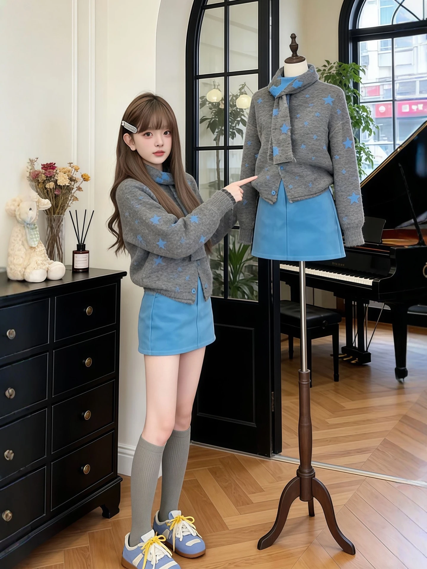 

plus Size Winter Fashion Set with Scarf Polka Dot Knitted Sweater And Short Skirt for Women High Waist Korean Style Ensemble