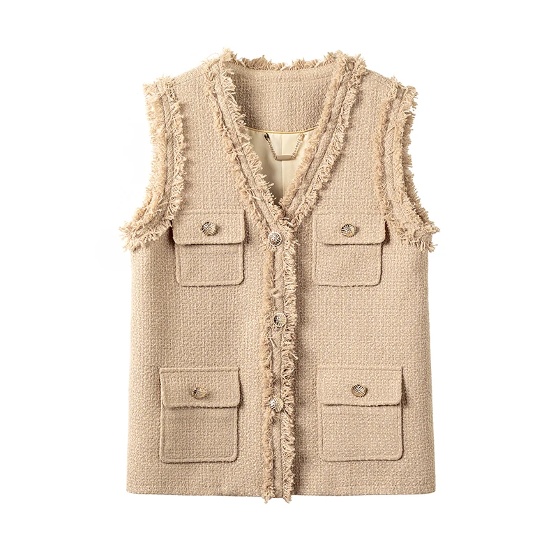 

New Product Fashionable Elegant Retro Temperament socialite's small fragrance style handmade tassel vest camel colored jack