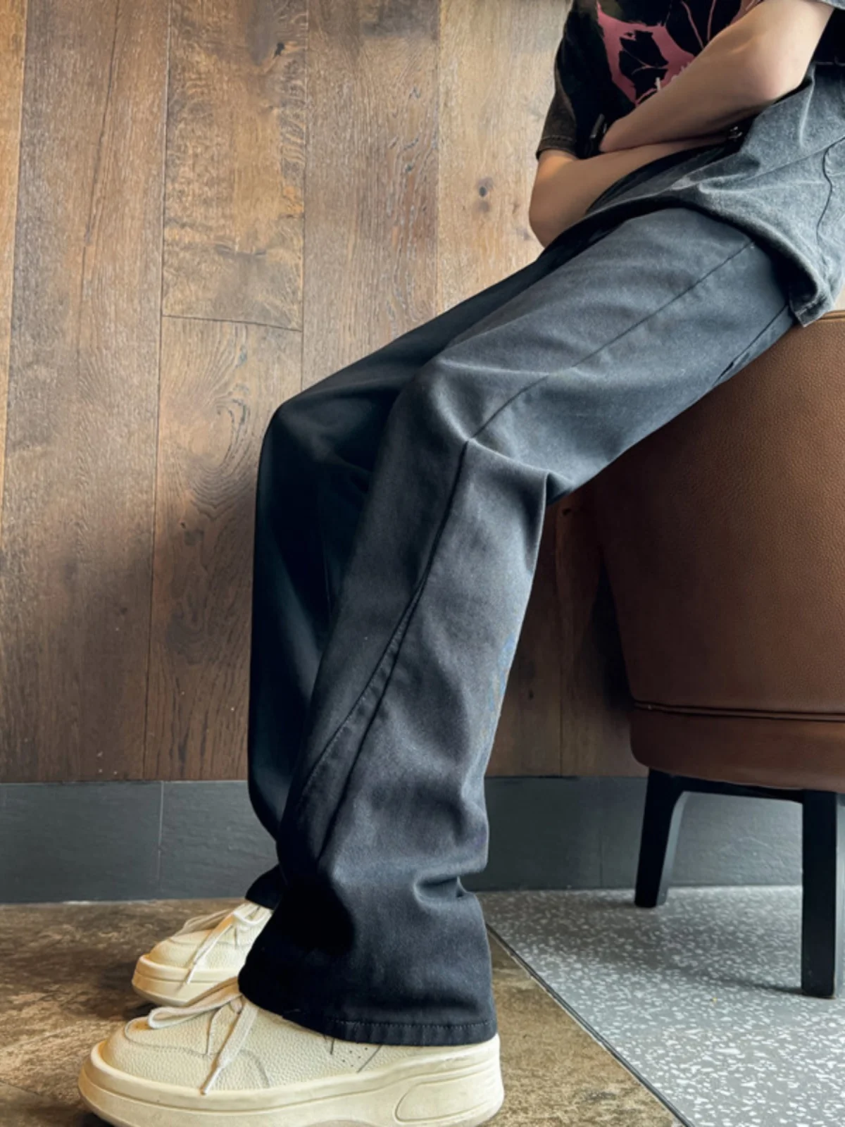 

Pure Black Straight Leg Jeans Men's American High Street Micro Flare Long Pants Cool High-End Feeling Jeans Youth Trend