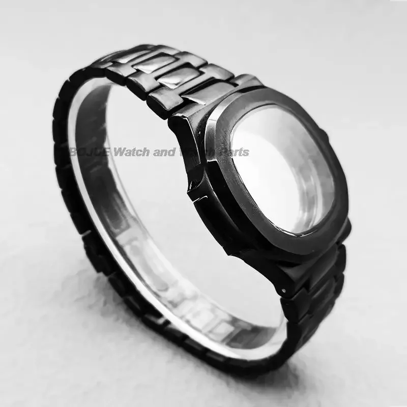 41mm NH35 Case Strap Dial Hands Black Stainless Steel Band for Nautilus NH36 Automatic Movement Transparent Back Repair Replace