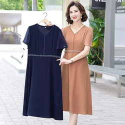 Chic Beading Women Chiffon Dress V-neck Elegant Office A-LINE Dresses Summer Slim For Women Party Vestido