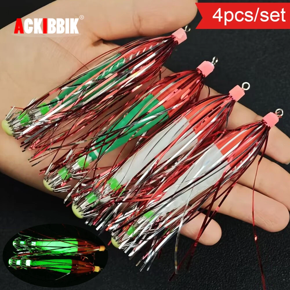 Ackibbik 4 قطعة توهج خطاف صيد على شكل سمكة هوك مظلة الحبار هوك الروبيان الصيد السحر المياه المالحة الحبار الصيد اكسسوارات