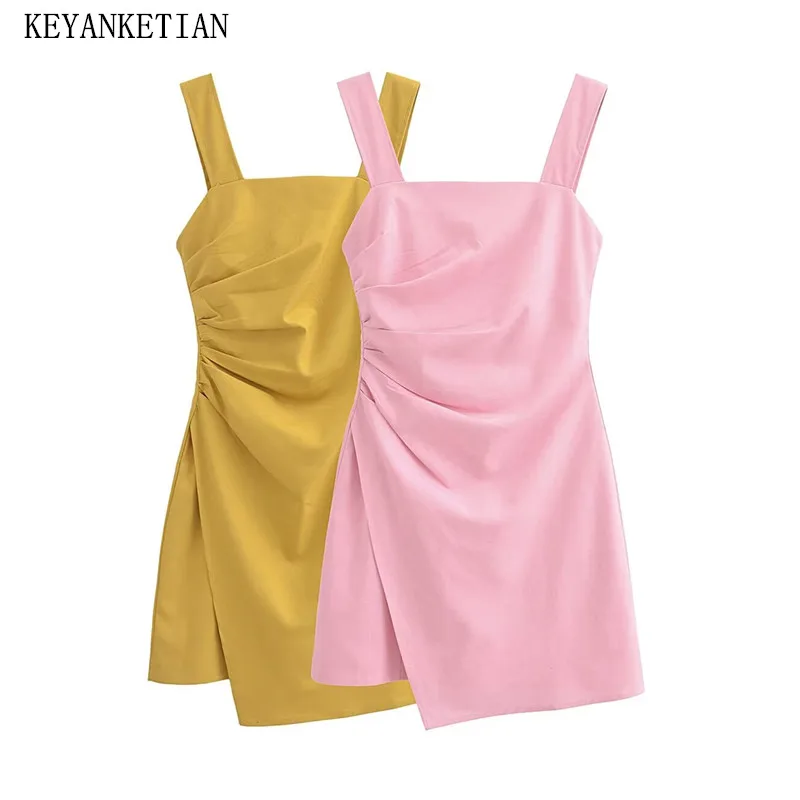 KEYANKETIAN 2024 New Launch Women\'s Asymmetrical Slip dress Summer Sweet Pleated Decoration Sleeveless Slit Mini Dress Female