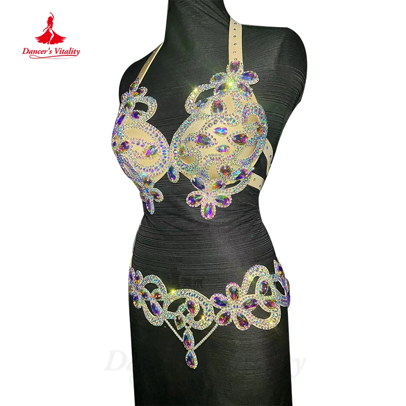 Belly Dance Performance Suit Women Customsized Oriental Bra Top+AB Stones Belt for Children Competiton Bra Set Bellydancing Wear