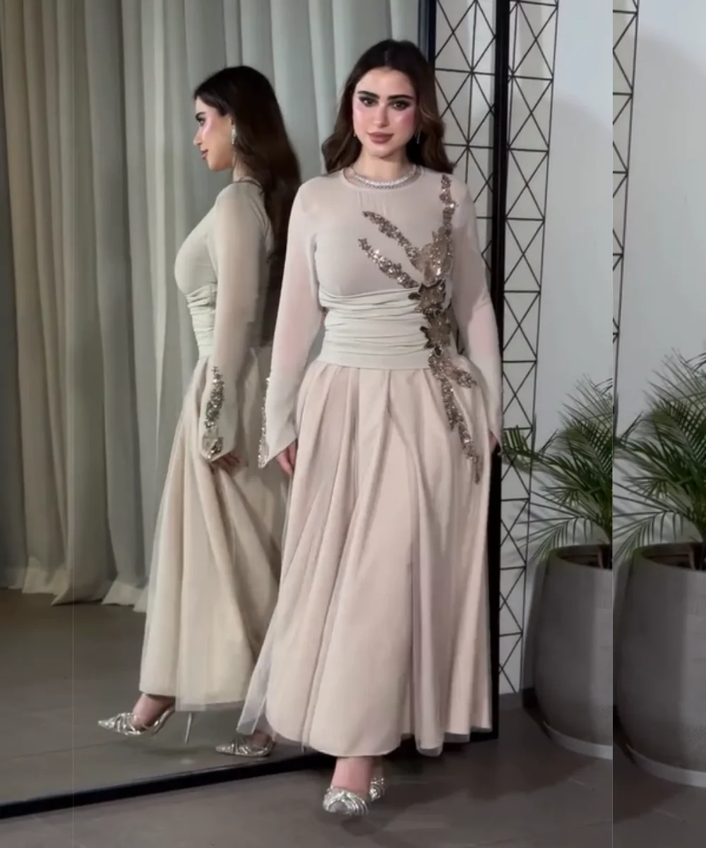 

Customized Exquisite Jersey Pleat Sequined A-line O-Neck Long Evening Dresses Luxury 2025 High Quality
