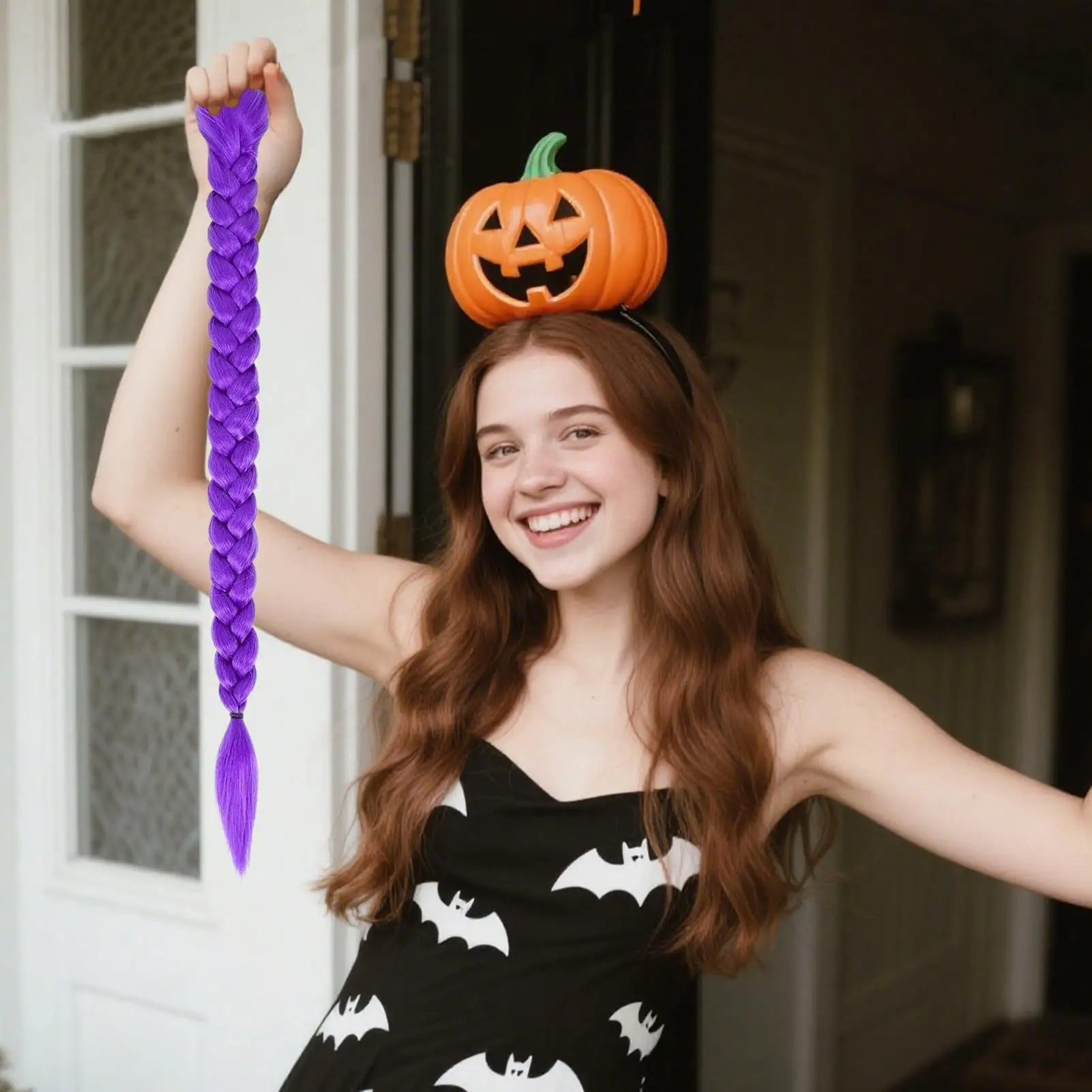 Costume Hairstyle 60cm Long Ponytail Wig with Clips Synthetic Braided Purple Hair for Kids Girls