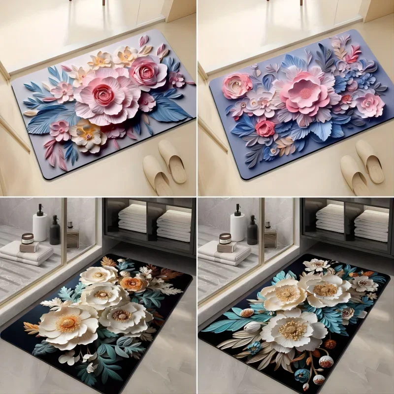 1PcAesthetic Flower Bath Mat Non-slip Doorway Bathroom Floor Rug Super Absorbent Entrance Carpets Diatom Mud Foot Pad Home Decor