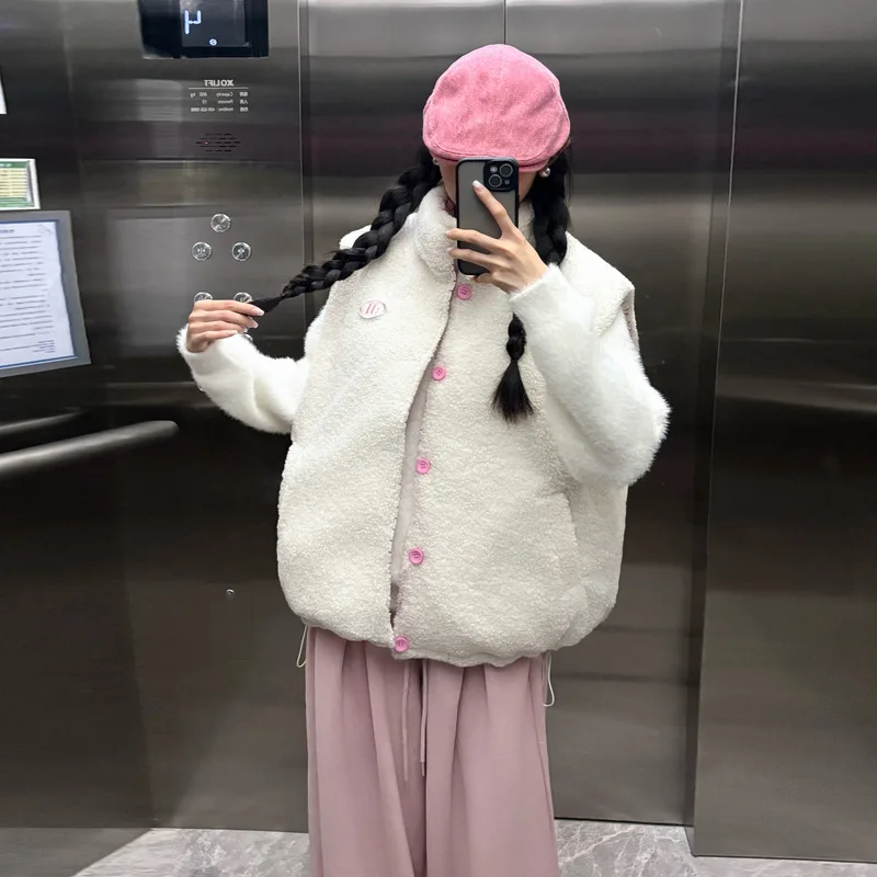 Down Cotton Vest Plaid Back Reversible Stand Collar Short Puffer Jacket for Autumn and Winter
