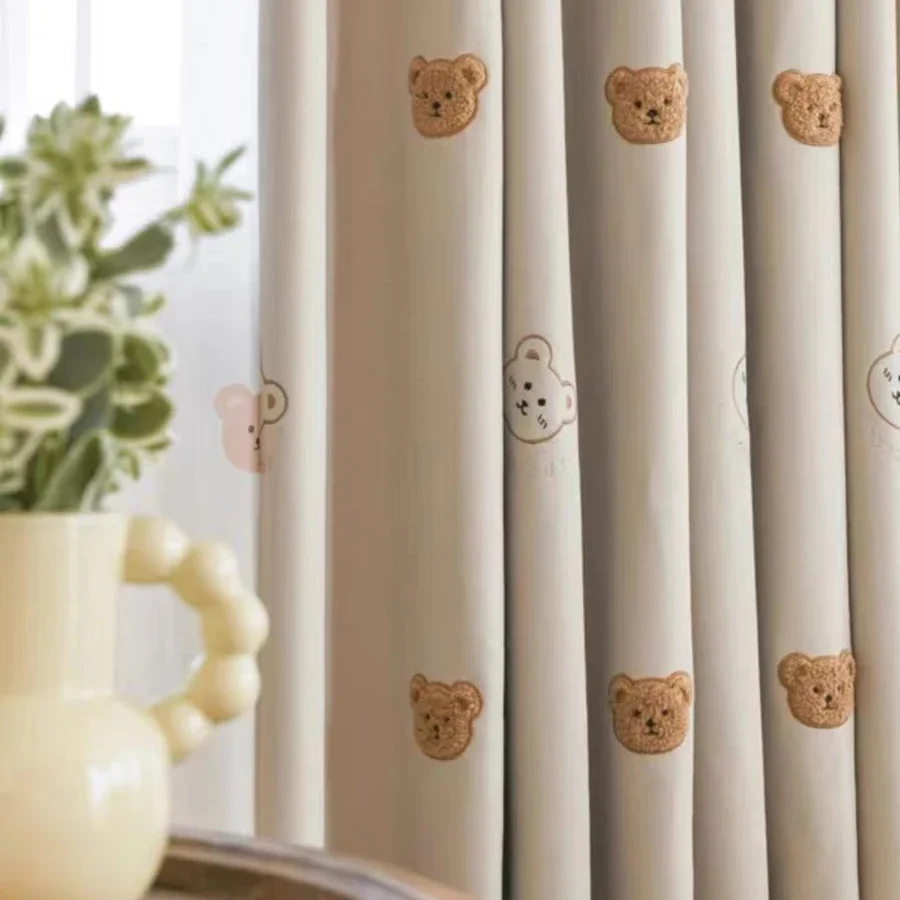 Cartoon cotton linen teddy bear kids bedroom curtains simple embroidery children's room milk tea color cute bay window curtains