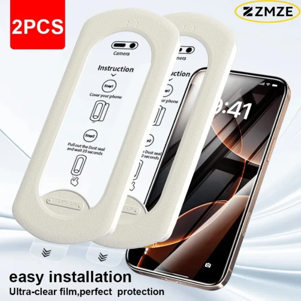 2 Protectores de Pantalla de Vidrio Templado HD con Caja de Instalación sin Polvo para iPhone 17 16 15 14 13 12 11 Plus Pro Max, Anti-Rotura, Textura Suave
