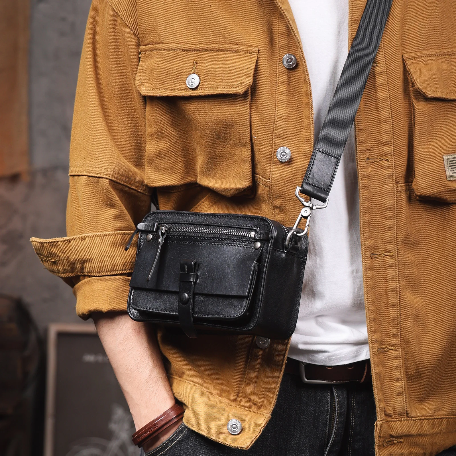 Vintage-Umhängetasche für Herren aus hochwertigem Rindsleder, modische Casual-Crossbody-Tasche, pflanzlich gegerbte Echtleder-Schultertasche – Detail 11