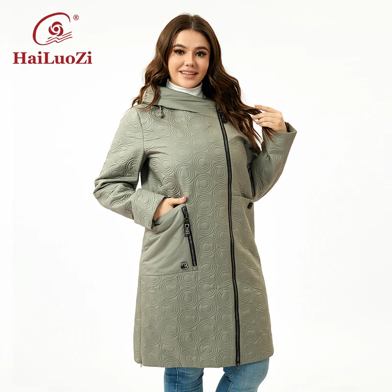 HaiLuoZi 2023 New Spring Women Coat Plus Size Long Hooded Big Pockets Female Parkas Slanted Placket Zipper Women\'s Jackets 5537