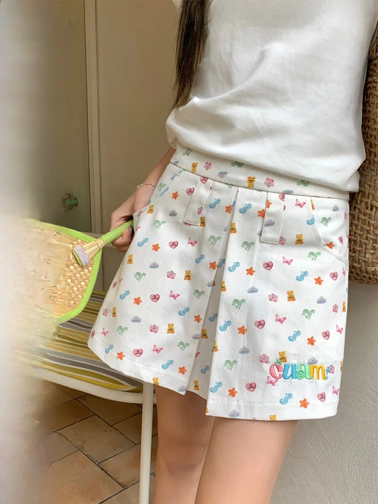 

COK Summer f-length A-line Skirt Pants with Small Print Design Commuter Sle l Waist ort Length Casual Pants