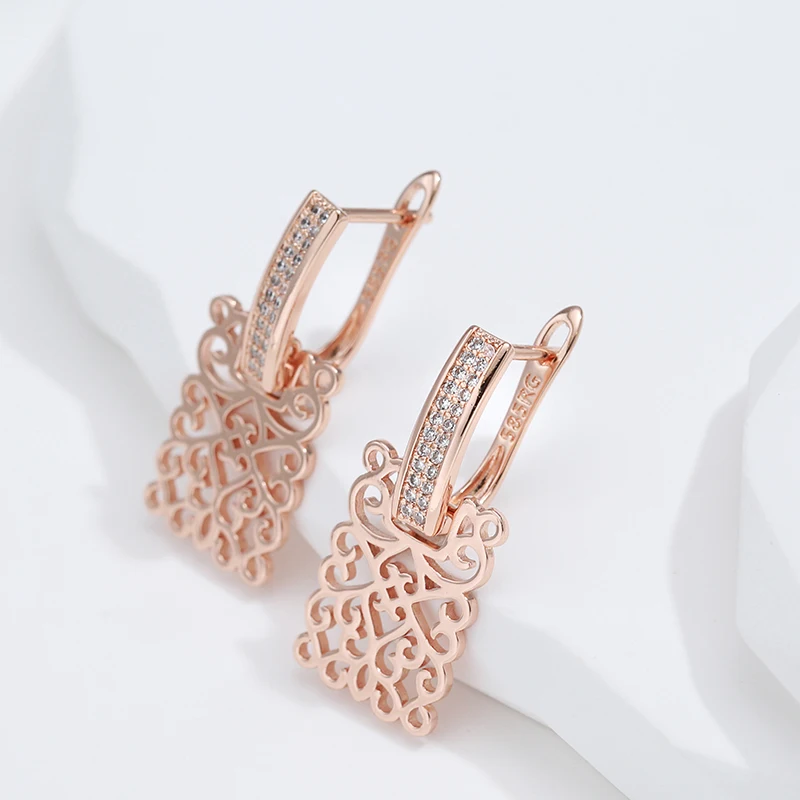 Kienl Hot 585 Rose Gold Color Square Long Earring for Women Vintage Natural Zircon Glossy Metal Drop Earring Trend Daily Jewelry