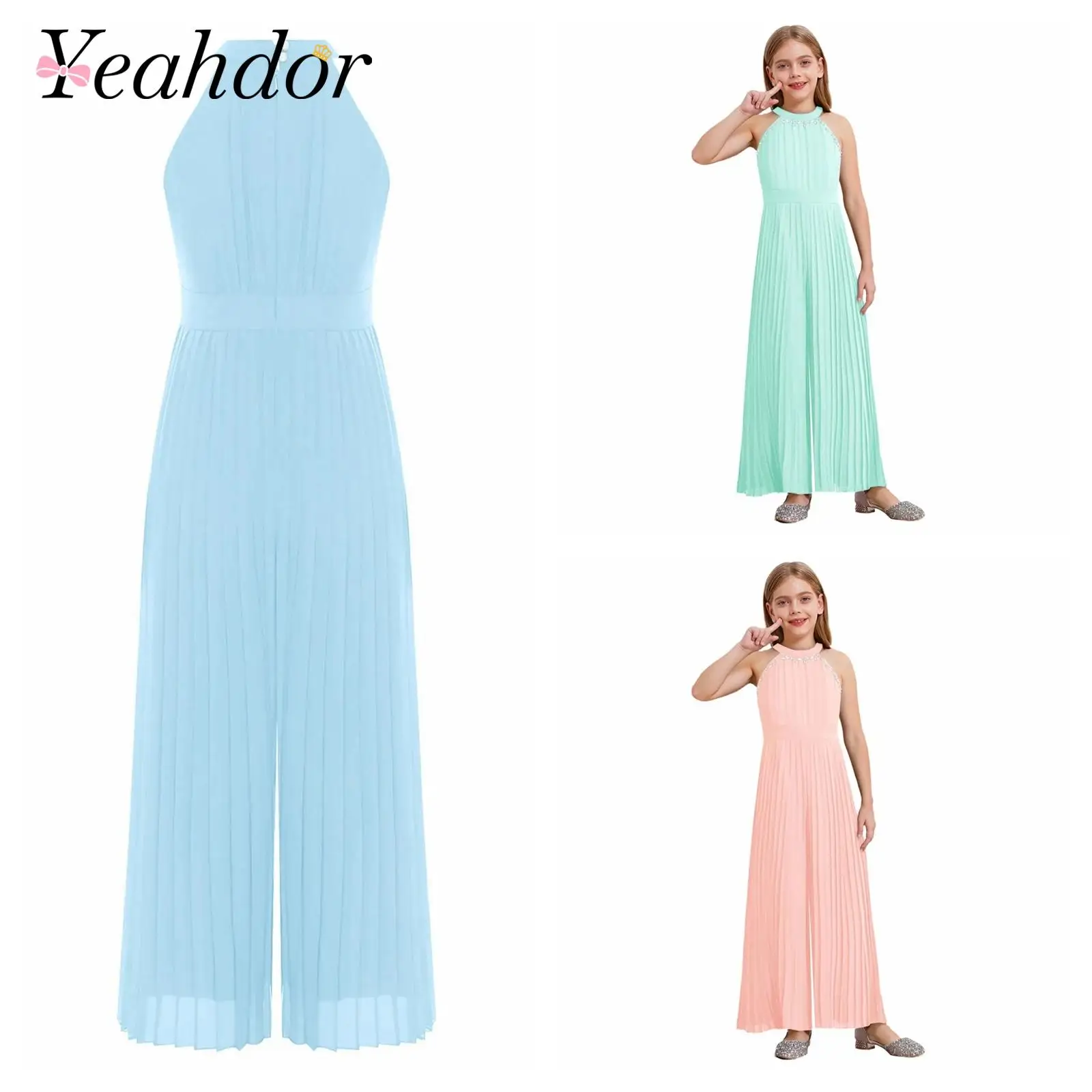 

Girl Summer Outfit Kids Sleeveless Jumpsuit Pleated Wide Leg Pants for Party Wedding Banquet Pageant Prom High Waist Trouser