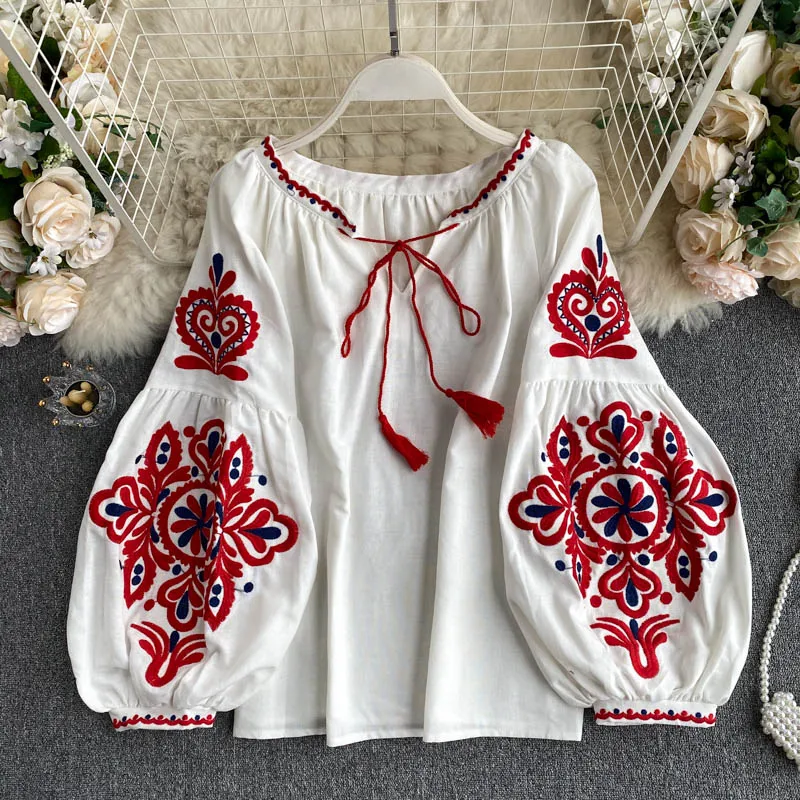 Vintage Elegant Embroidery Lantern Sleeve Blouse Fashion V-neck Lace Up Shirt Casual Chic Tassels Top Fairy Summer Women