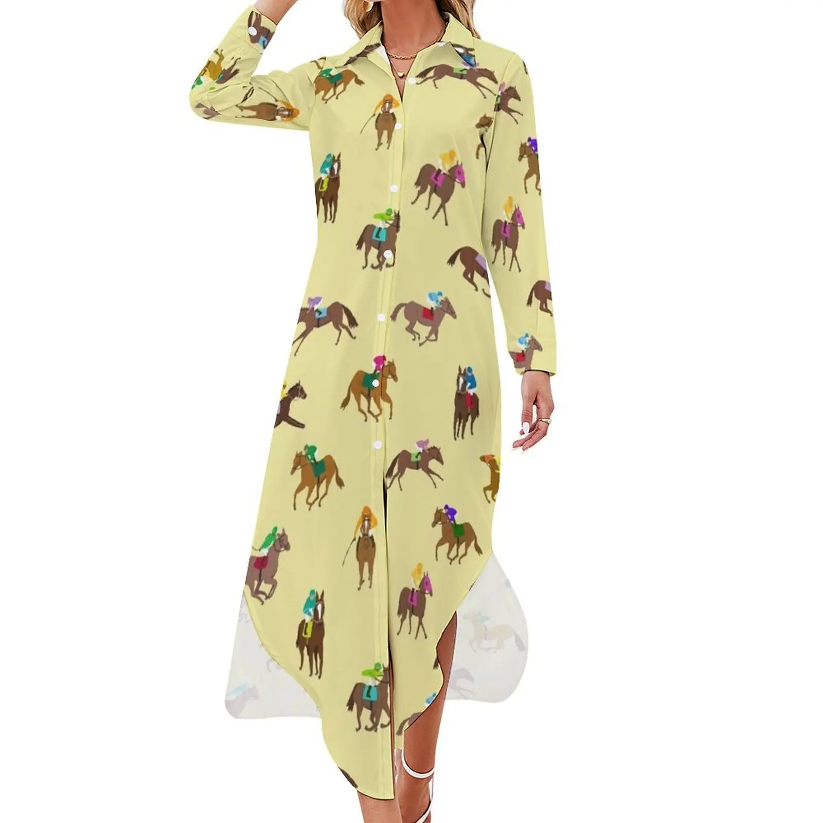 

To The Horse Races (Yellow) Long Sleeved Shirt Dress dresses for woman birthday dress for women women clothing 2024 new arrivals