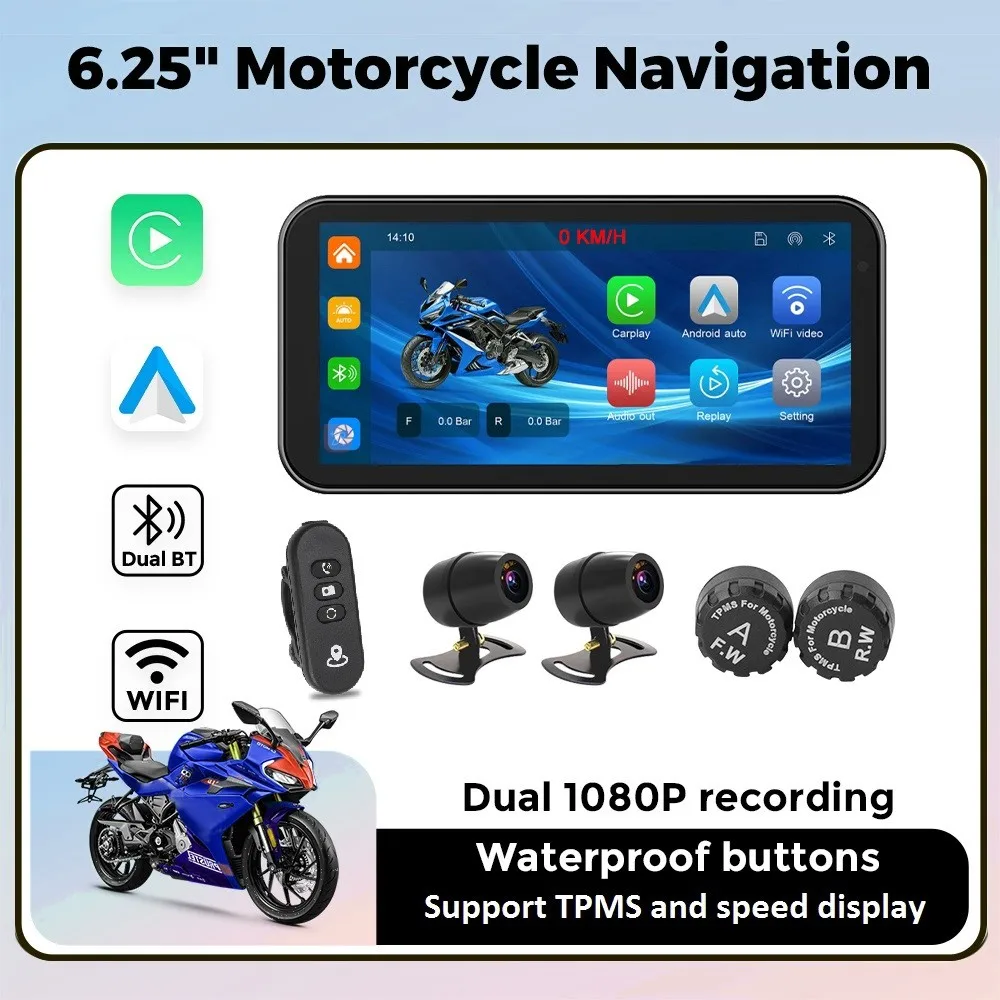 

6.25 " Motorcycle Navigation Wireless CarPlay Android Auto TPMS Sensor Plug and Play Anti Shake DVR Recorder Mobile Monitor IP67