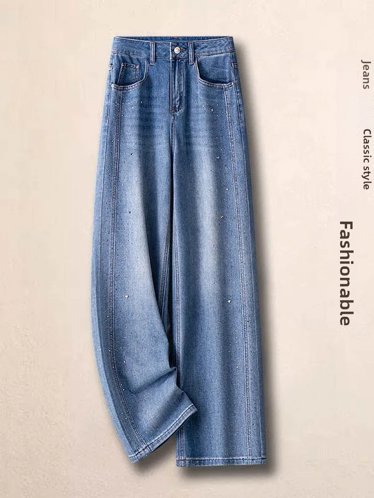 

Slim Fit High Waist Wide Leg Jeans Women's Spring Summer New Design Casual Straight Cut Diamond Embellished Cotton Blend